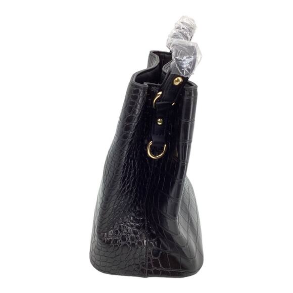 AOTA Elena Black Croc Top Handle Bucket Bag & Crossbody Strap NWT $188 MSRP - Picture 7 of 9